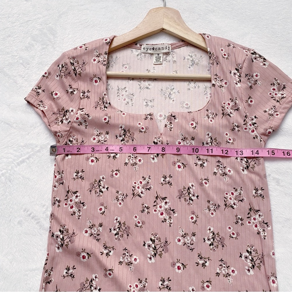 Pink Floral Split V-Neck Stretchy Summer Top - Picture 5 of 7